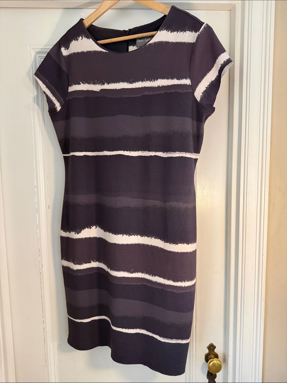 Phase Eight Striped Short-Sleeve Midi Dress in Charcoal, Purple and White
